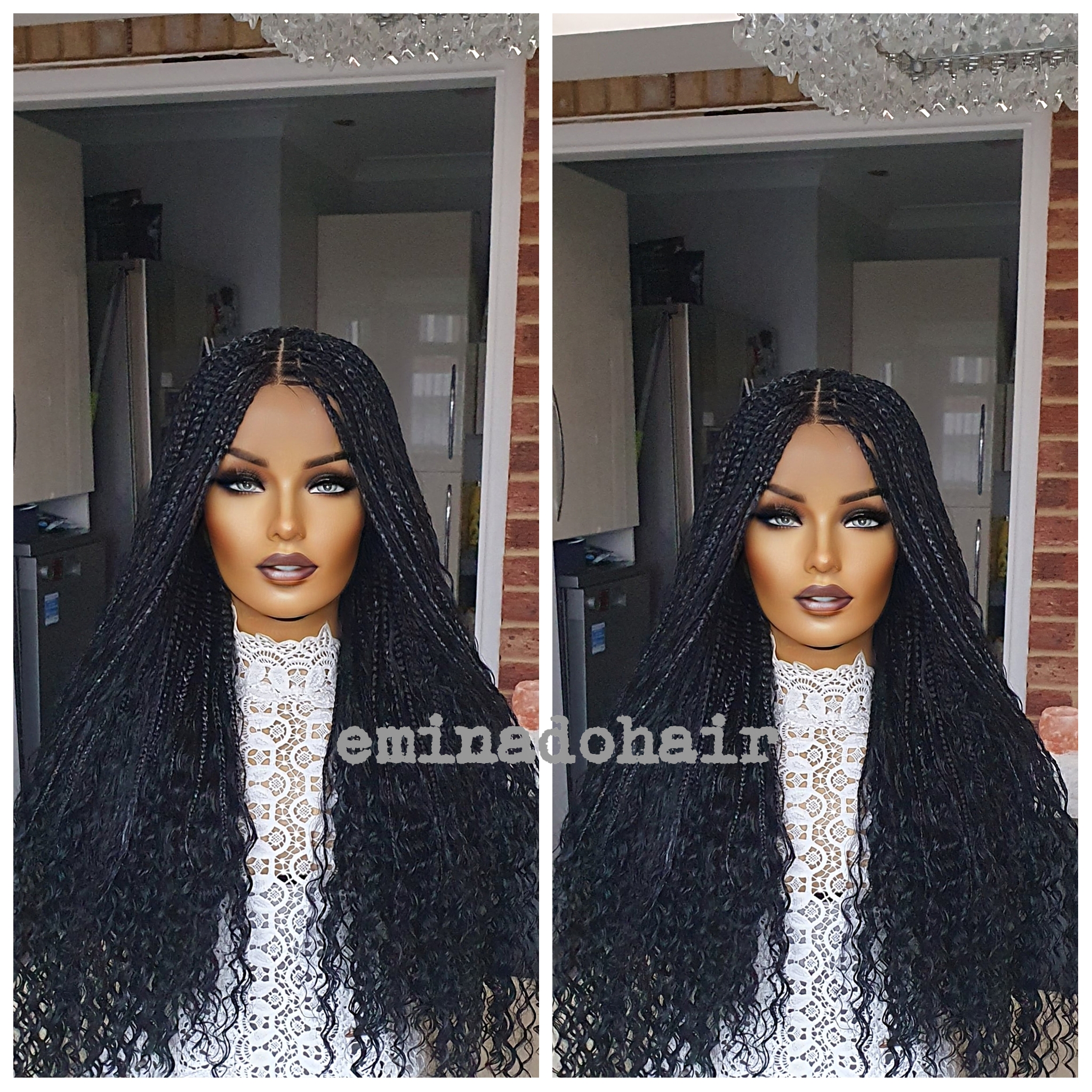 Knotless Braids Boho Triangle Black with Grey Highlights Braided Wig