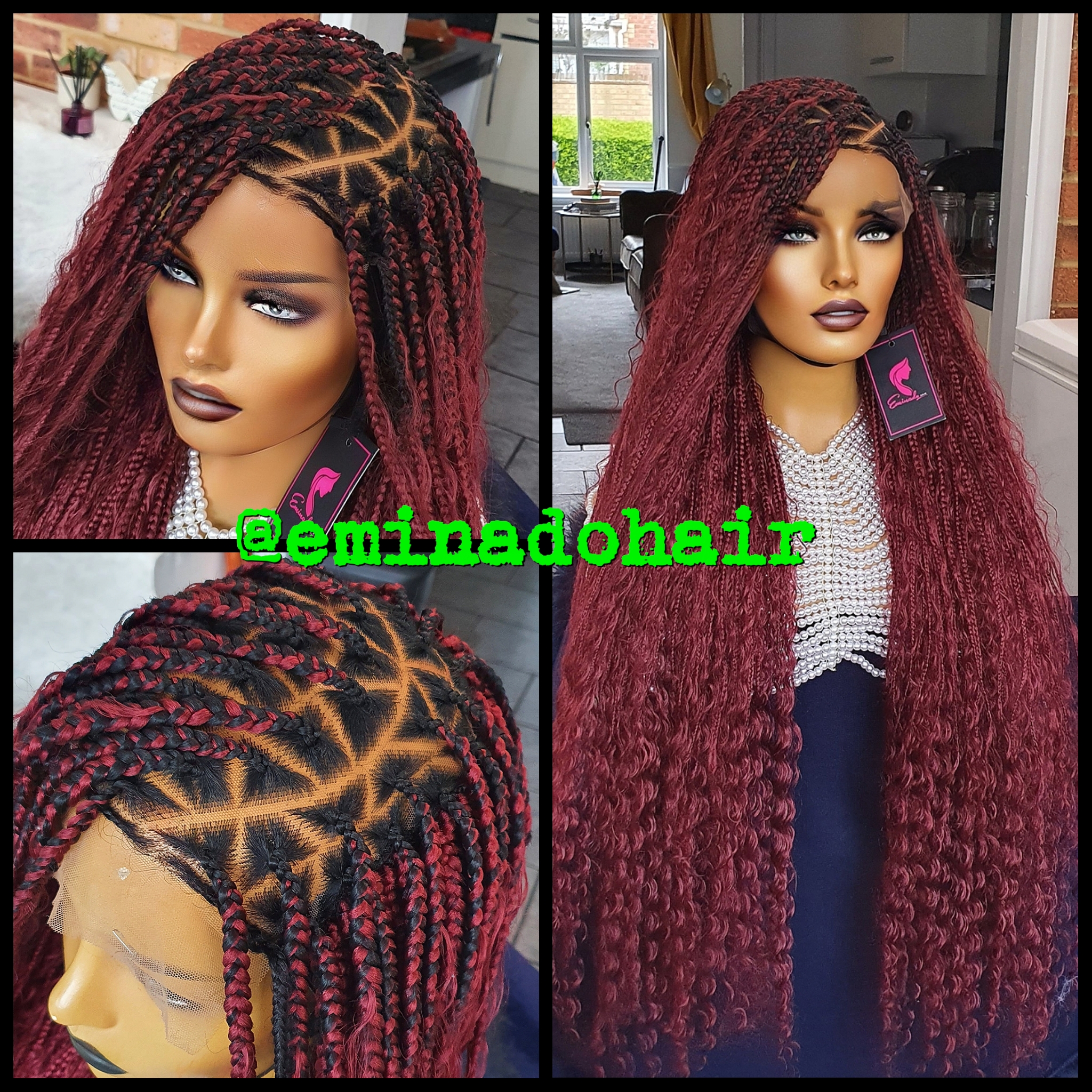 Boho Knotless Curved Triangle Burgundy Braided Wig