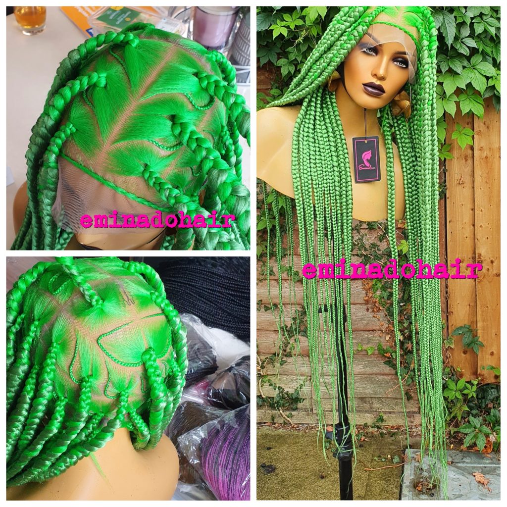 Cocobelle knotless chunky braids, Full Lace wig, Green Braided Wigs