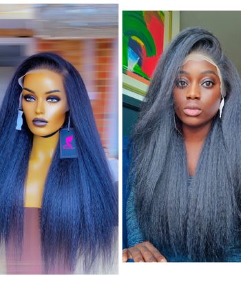Kinky Straight Wig, Human Hair Mix,  28 Inches Black, Frontal